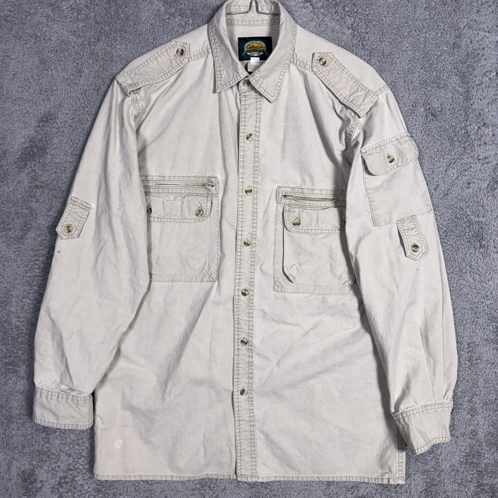 Cabelas Safari Shirt Mens M Utility Hunt Chore Field Roll Tab Sleeves Cargo Y2K